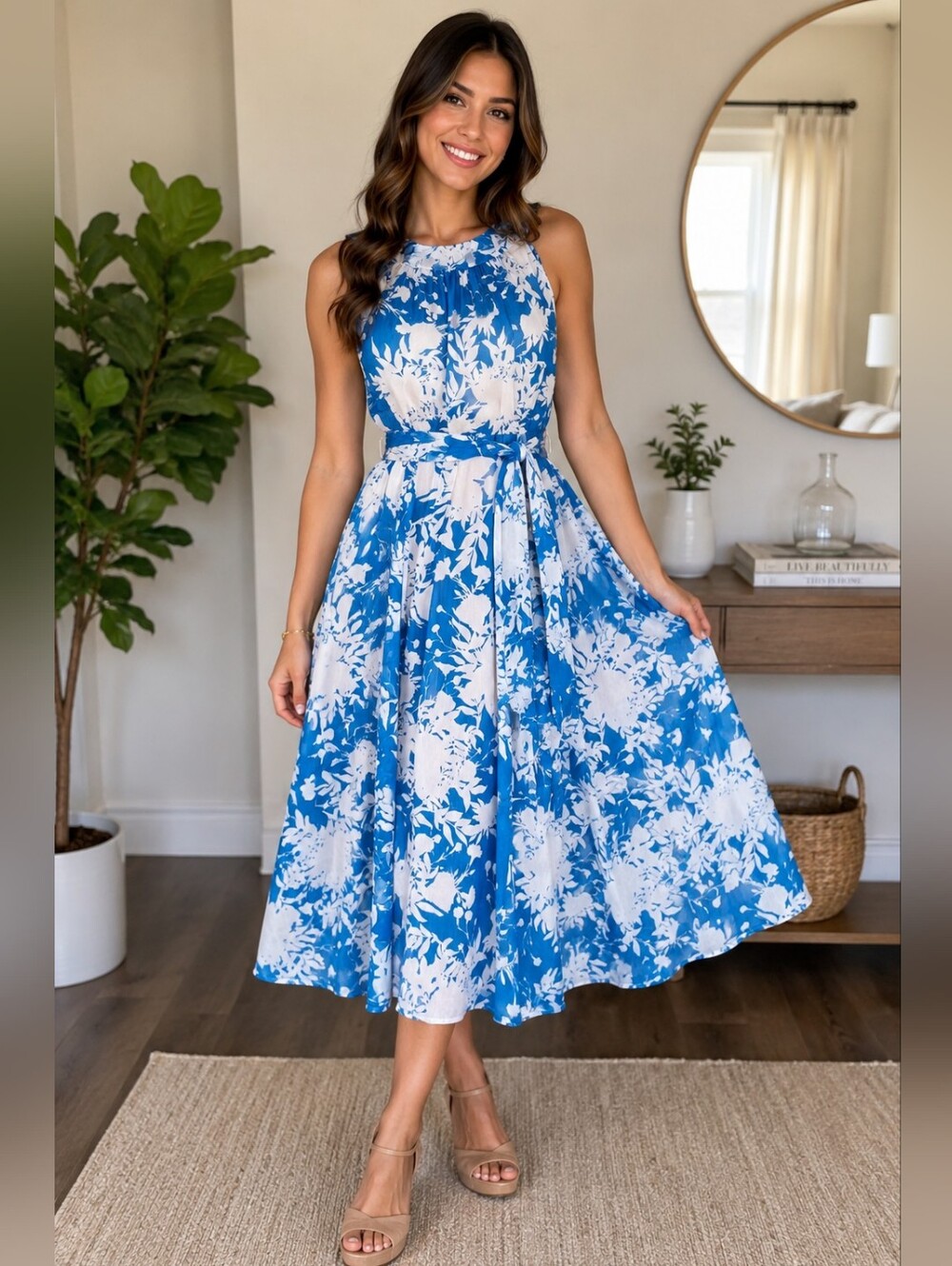 Chaps Blue and White Floral Maxi Dress with Belt - Used